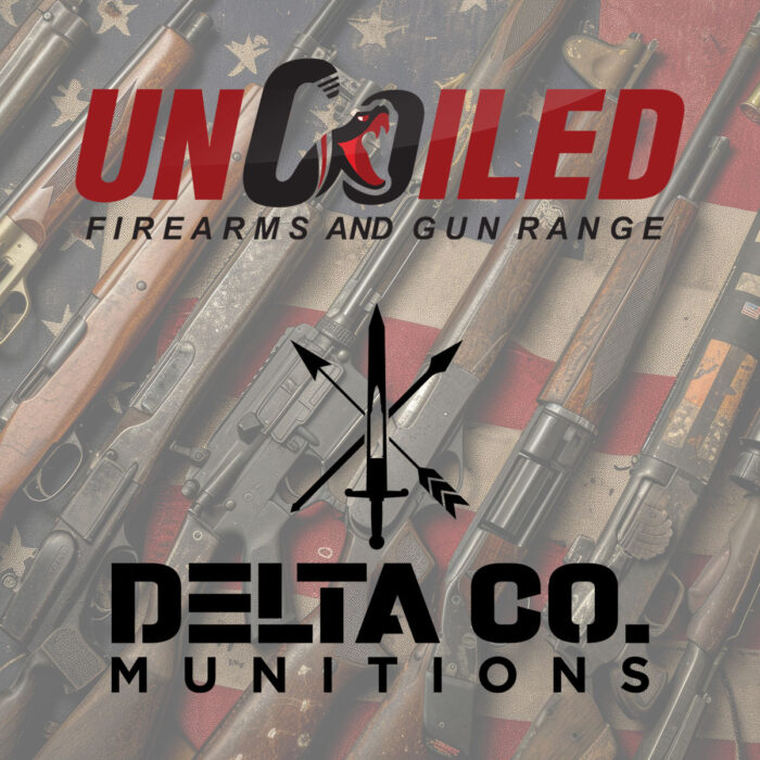 Uncoiled & Delta Co. Munitions Logo with Guns in backdrop for Gunshow